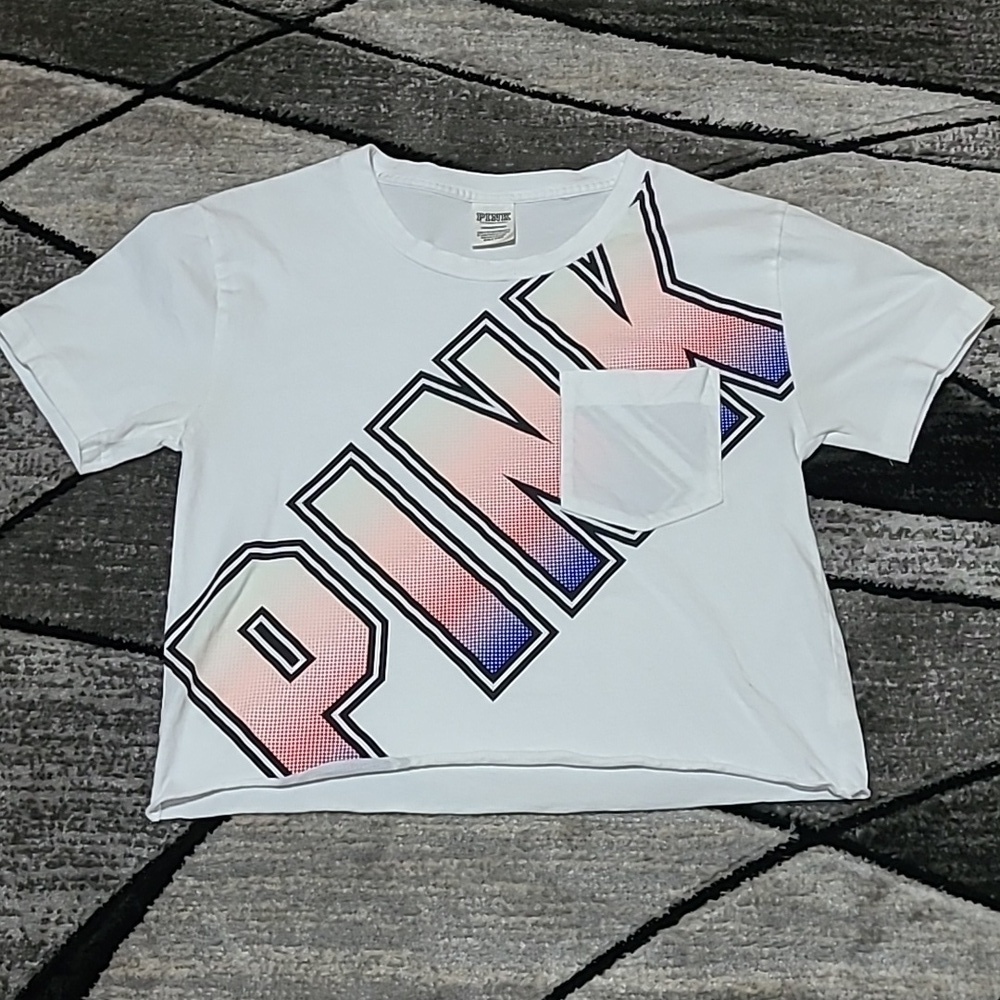 VS PINK 2017 CROP RAINBOW DOTS COLOR LOGO POCKET TEE-SHIRT